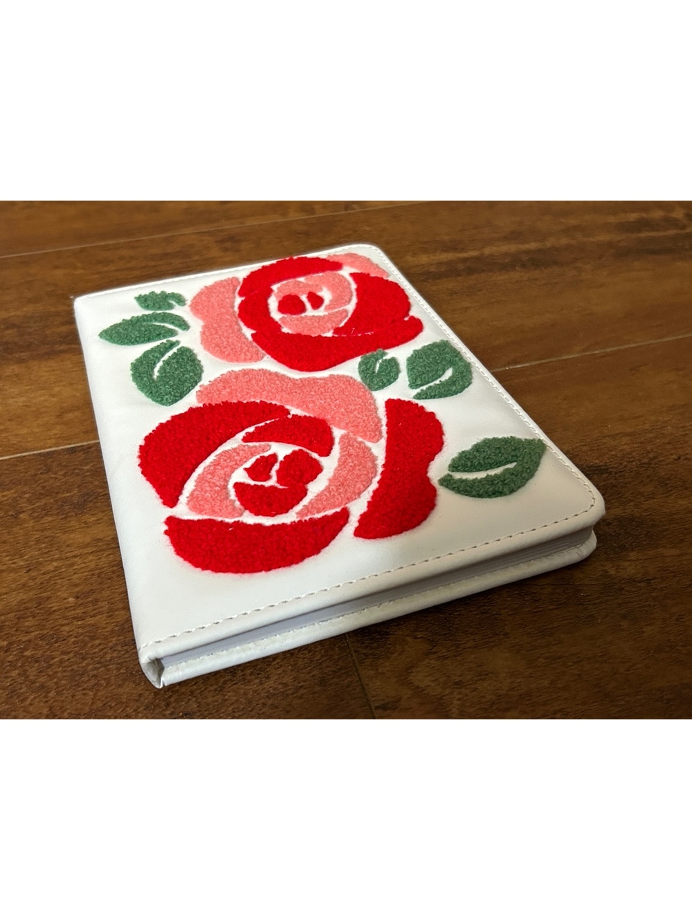 White Journal with Red and Pink Floral Chenille Cover